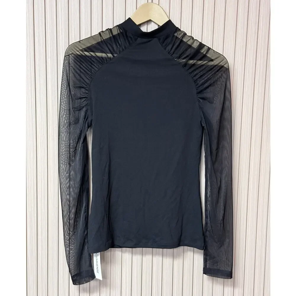 Commense Stand Collar Sheer Sleeve Fitted Blouse Black Women’s Size M - Picture 2 of 9